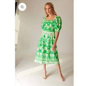 Green Floral Midi Dress with Puff Sleeves